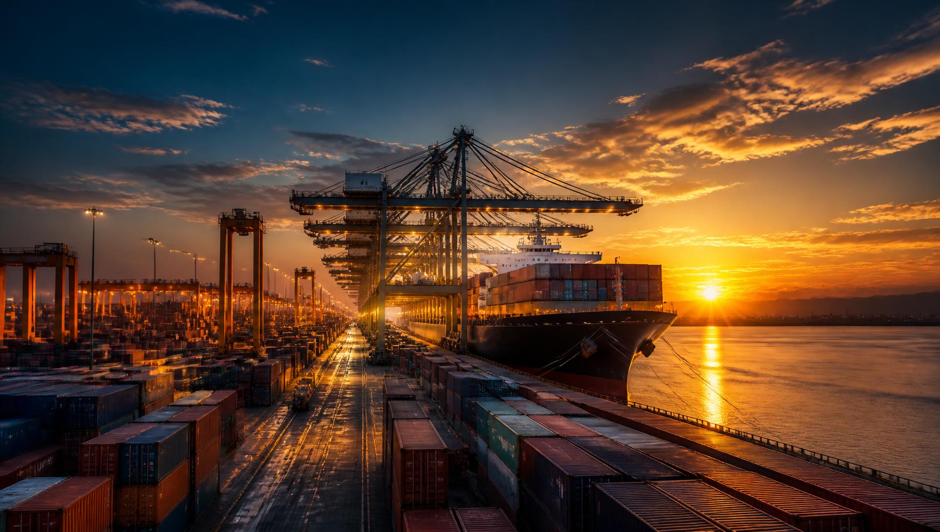 Container terminal at dusk with a cargo vessel loading export containers